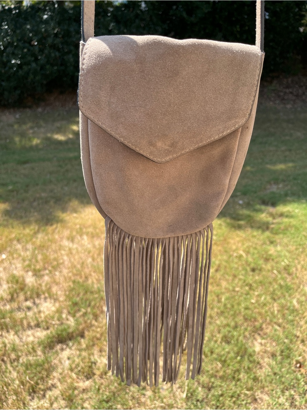 MNG Women’s Suede Fringe Crossbody Bag in Taupe Snap closure